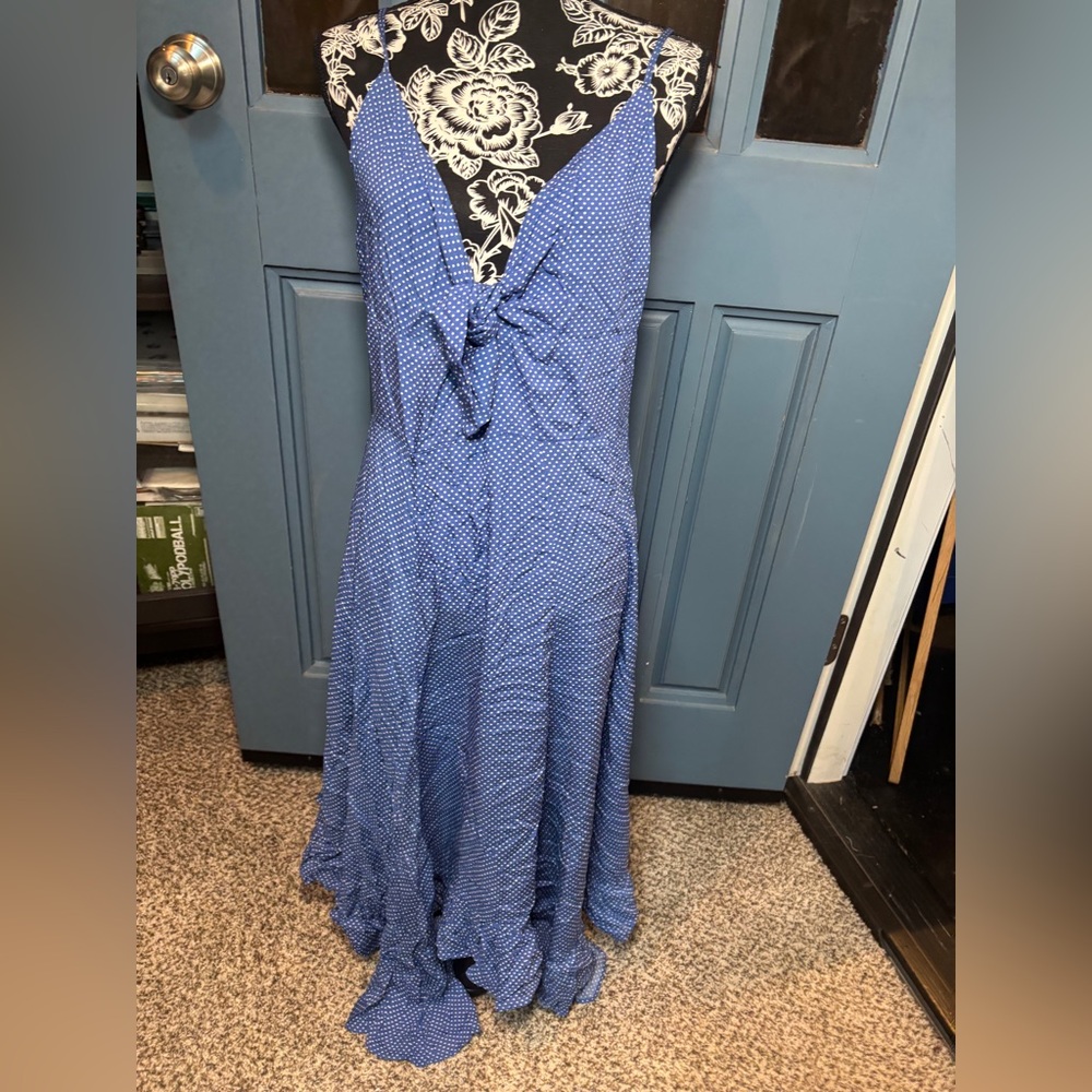 More Human Blue Polka Dot Tie-Front Midi Dress - Medium